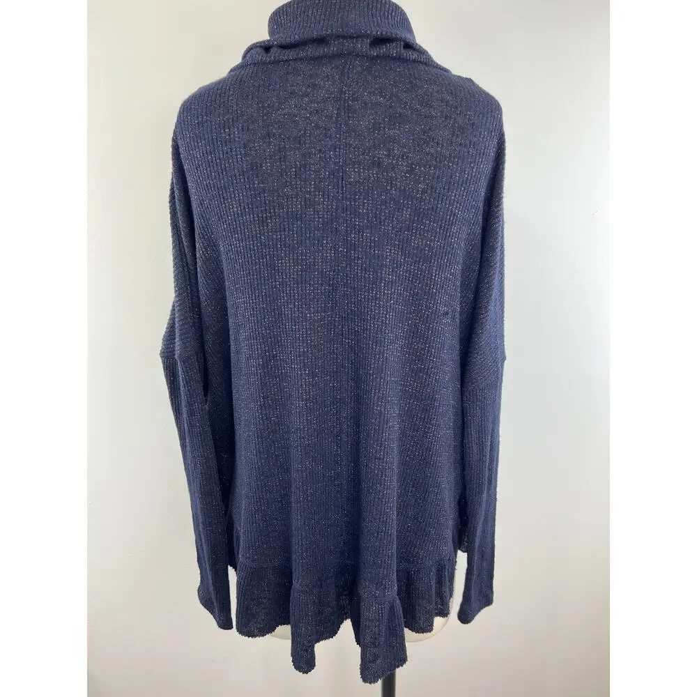 Anthropologie Postmark Blue Metallic Rib Knit Cowl Neck Relaxed Sweater XS